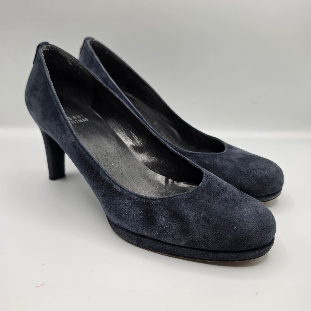Stuart Weitzman Ponder Navy Blue Suede Platform Pumps Round Toe Heels Size 7.5 M